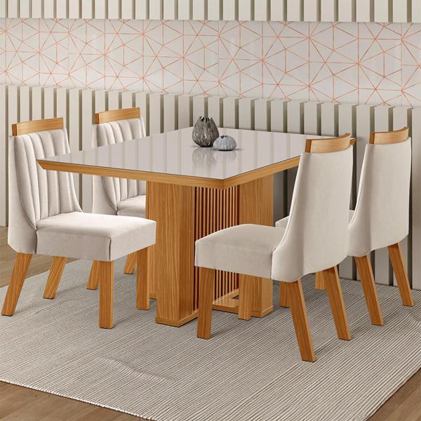 Imagem de Mesa de Jantar 4 Lugares Kiev com Vidro Cinamomo/Suede Creme - Panorama Móveis