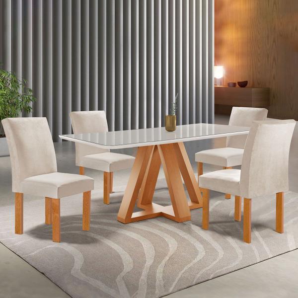 Imagem de Mesa de Jantar 4 Lugares Kyra/Canela com Vidro Cinamomo/Off White/Suede Bege - Cel Móveis