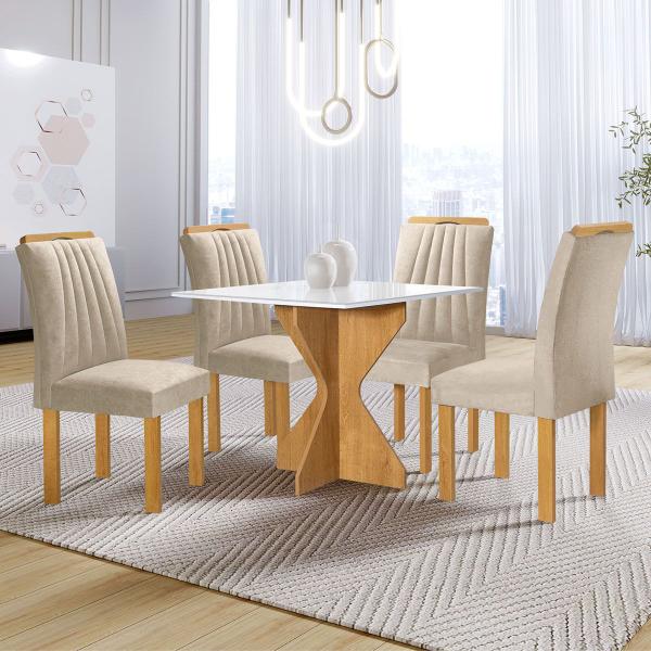 Imagem de Mesa de Jantar 4 Lugares Laura Arizona com Vidro 100% Mdf  Cinamomo/Off White/Boucle Bege - Cel Móveis