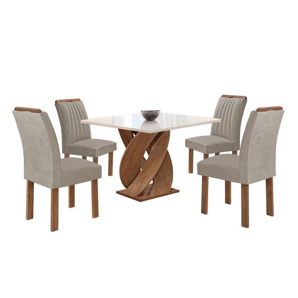 Imagem de Mesa de Jantar 4 Lugares Luna Arizona com Vidro 100% Mdf Chocolate/Off White/Veludo Bege Claro - Cel Móveis