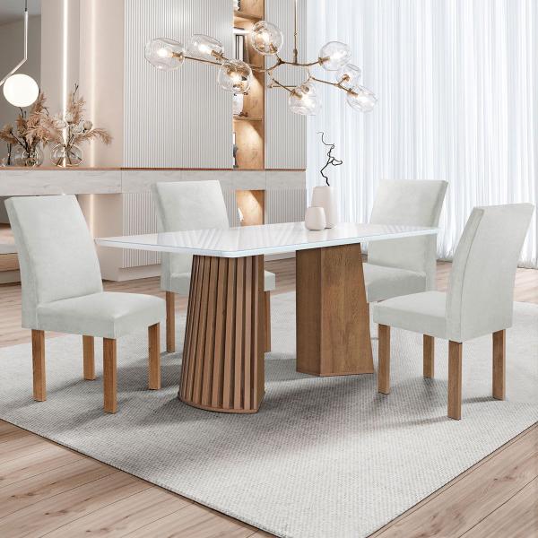 Imagem de Mesa de Jantar 4 Lugares Stella Canela com Vidro Ripado Chocolate/Off White/Boucle Gelo - Cel Móveis