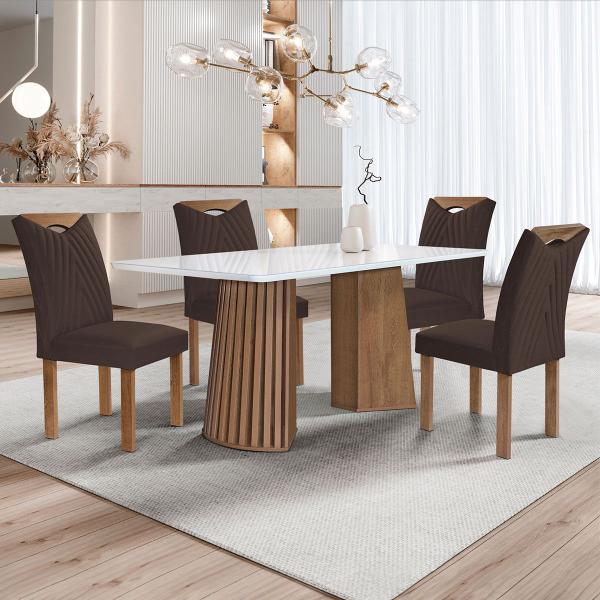 Imagem de Mesa de Jantar 4 Lugares Stella com Vidro Ripado Chocolate/Off White/Marrom - Cel Móveis