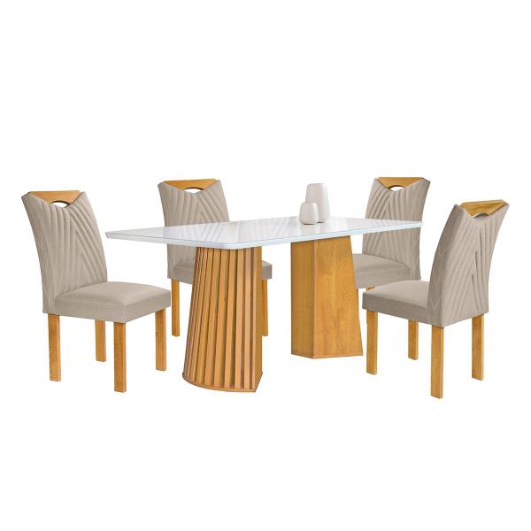 Imagem de Mesa de Jantar 4 Lugares Stella com Vidro Ripado Cinamomo/Off White/Boucle Bege  - Cel Móveis