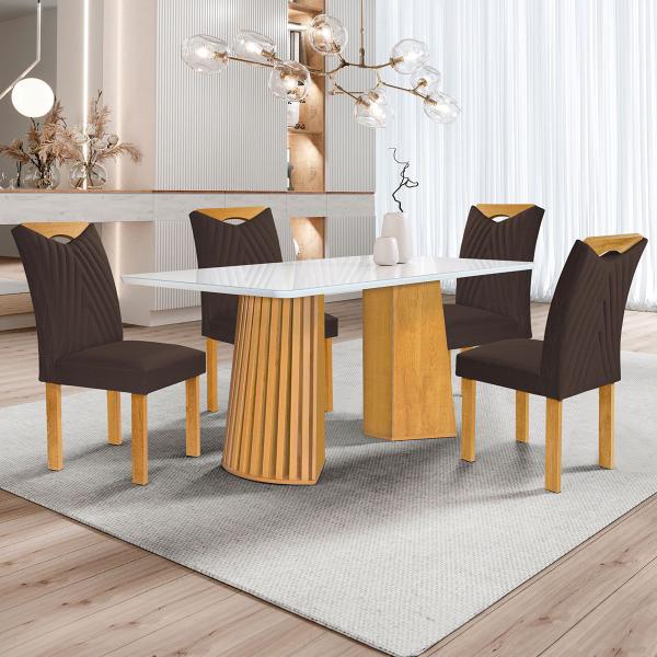 Imagem de Mesa de Jantar 4 Lugares Stella com Vidro Ripado Cinamomo/Off White/Marrom - Cel Móveis