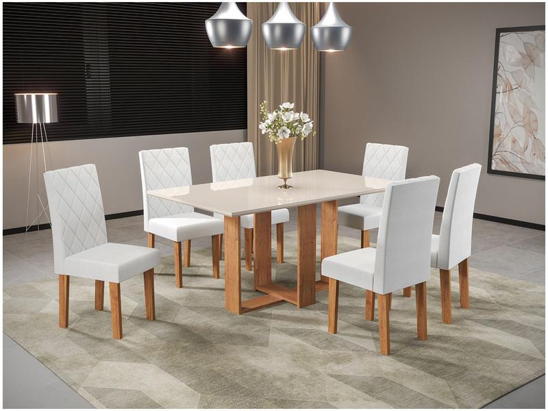 Mesa de Jantar 6 Cadeiras Retangular Mel/Linho Gelo Viero MĂłveis Alicia Mesa de Jantar 6 Cadeiras Retangular Mel/Linho Gelo Viero MĂłveis Alicia
