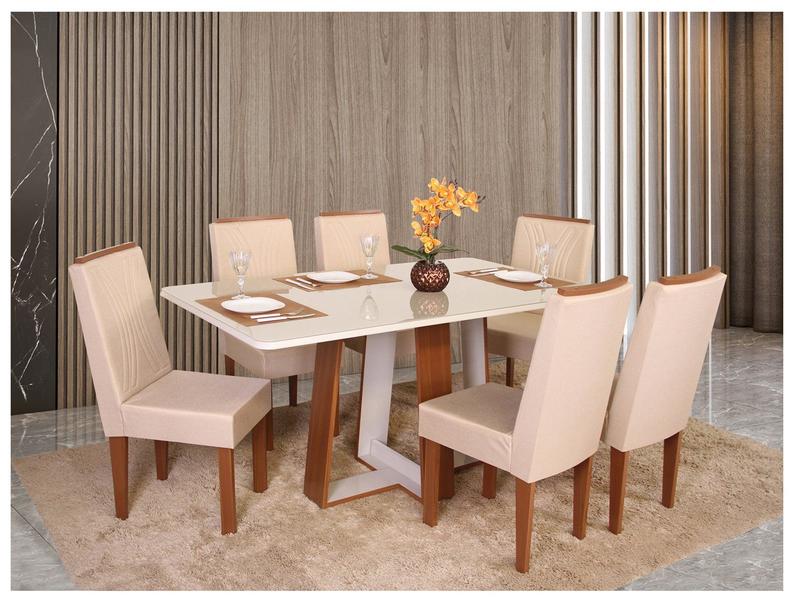 Mesa de Jantar 6 Cadeiras Retangular Naturalle e Off-White Tampo de Vidro Laís Móveis São Carlos