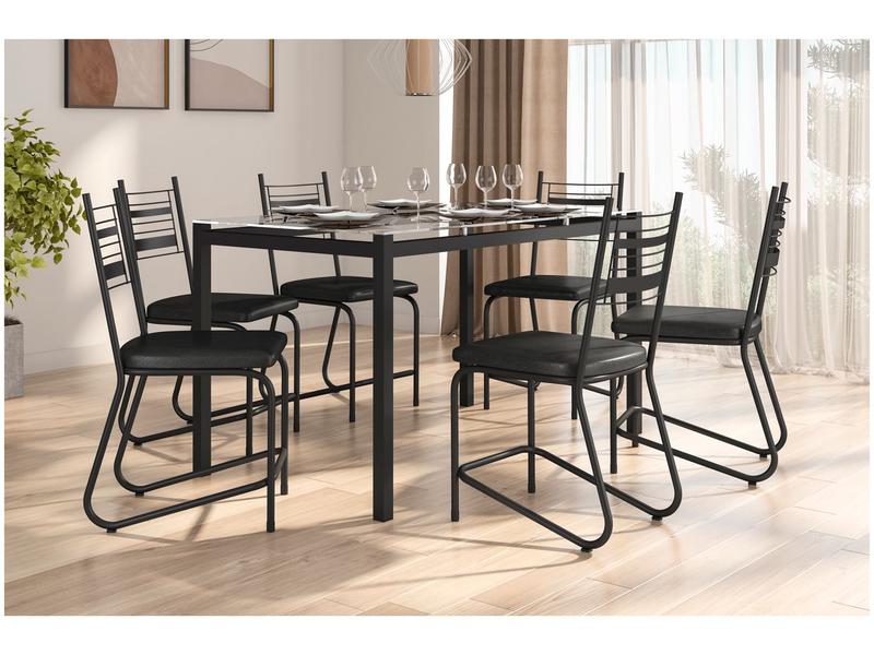 Mesa de Jantar 6 Cadeiras Retangular Preto Fosco Tampo de Vidro Artefamol Valência Mesa de Jantar 6 Cadeiras Retangular Preto Fosco Tampo de Vidro Artefamol Valência