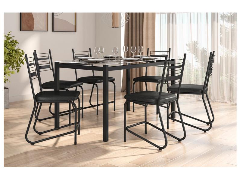 Mesa de Jantar 6 Cadeiras Retangular Preto Fosco Tampo de Vidro Artefamol Valência Mesa de Jantar 6 Cadeiras Retangular Preto Fosco Tampo de Vidro Artefamol Valência