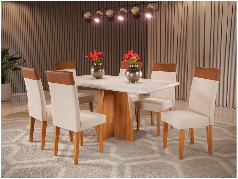 Mesa de Jantar 6 Cadeiras Retangular Tampo de MDF com Vidro Mel e Off White Viena Mesa de Jantar 6 Cadeiras Retangular Tampo de MDF com Vidro Mel e Off White Viena