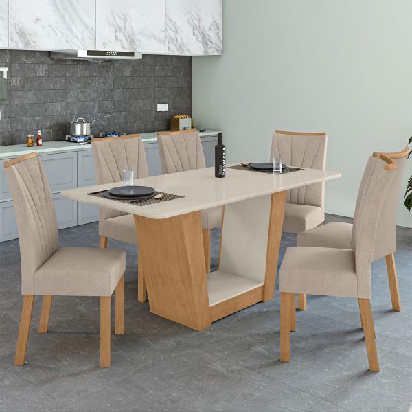 Imagem de Mesa de Jantar 6 Lugares Apogeu Amêndoa Clean/Off White/Veludo Naturale Creme 75334 - Móveis Lopas