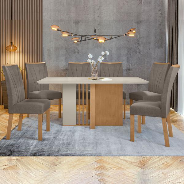 Imagem de Mesa de Jantar 6 Lugares Astrid Apogeu com Vidro Amêndoa Clean/Off White/Suede Animale Bege - Móveis Lopas