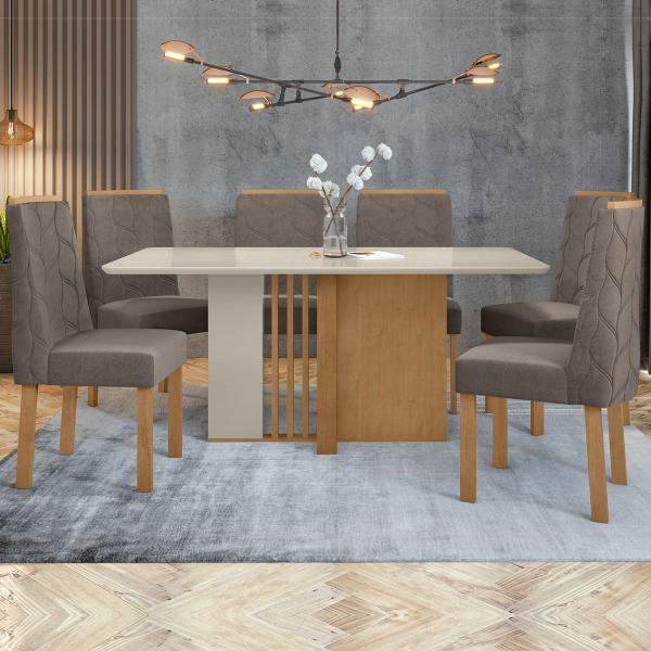 Imagem de Mesa de Jantar 6 Lugares Astrid com Vidro Amêndoa Clean/Off White/Suede Animale Bege 77204 - Móveis Lopas