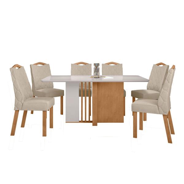 Imagem de Mesa de Jantar 6 Lugares Astrid Vênus com Vidro Amêndoa Clean/Off White/Veludo Naturale Creme - Móveis Lopas