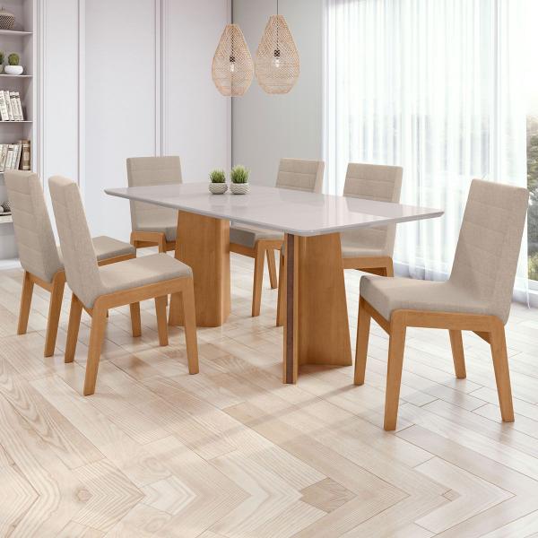 Imagem de Mesa de Jantar 6 Lugares Celina Atla com Vidro Amêndoa Clean/Off White/Linho Rinzai Bege - Móveis Lopas