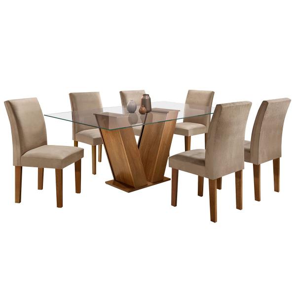 Imagem de Mesa de Jantar 6 Lugares Classic com Vidro Ypê/Suede - Cel Móveis