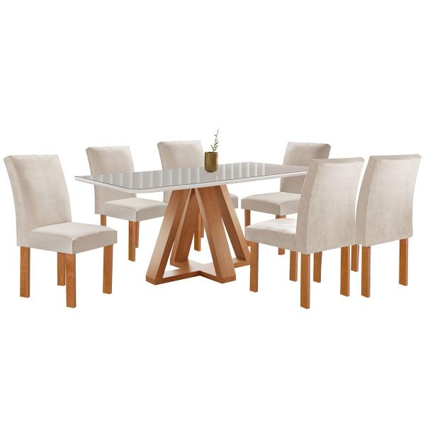 Imagem de Mesa de Jantar 6 Lugares Kyra/Canela com Vidro Cinamomo/Off White/Suede Bege - Cel Móveis