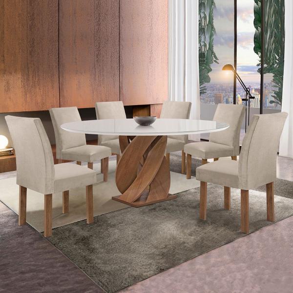 Imagem de Mesa de Jantar 6 Lugares Luna Canela com Vidro Chocolate/Off White/Boucle Bege - Cel Móveis