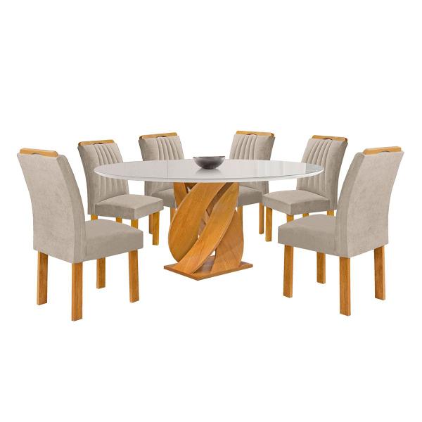 Imagem de Mesa de Jantar 6 Lugares Luna com Vidro 100% Mdf Cinamomo/Off White/Boucle Bege - Cel Móveis