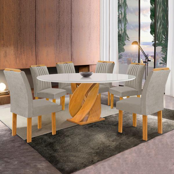 Imagem de Mesa de Jantar 6 Lugares Luna com Vidro 100% Mdf Cinamomo/Off White/Veludo Bege Claro - Cel Móveis