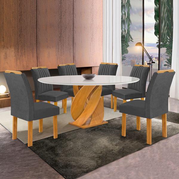 Imagem de Mesa de Jantar 6 Lugares Luna com Vidro 100% Mdf Cinamomo/Off White/Veludo Cinza - Cel Móveis