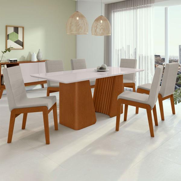 Imagem de Mesa de Jantar 6 Lugares Luxor Atla com Vidro Ripado Frassino/Off White/Veludo Liso Capuccino - Móveis Lopas