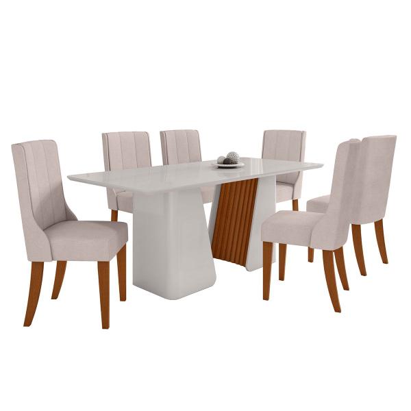 Imagem de Mesa de Jantar 6 Lugares Luxor Celina com Vidro Ripado Off White/Frassino/Off White/Boucle Bege - Móveis Lopas