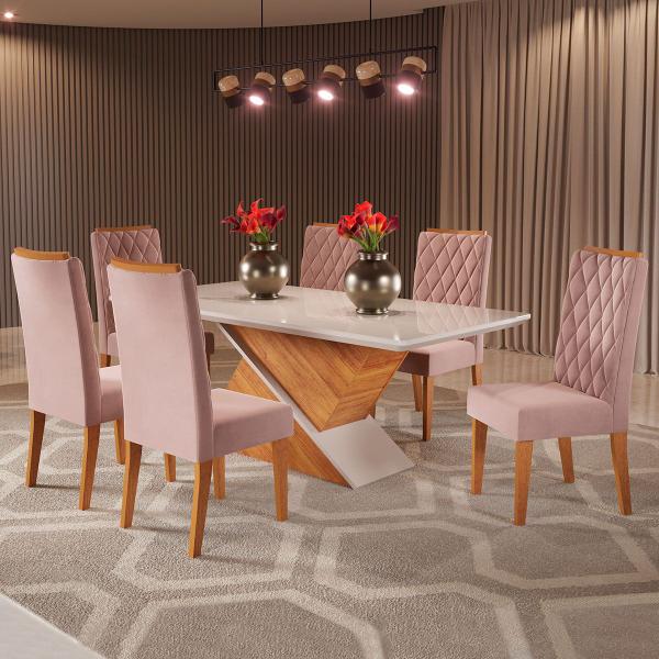 Imagem de Mesa de Jantar 6 Lugares Mira Mel/Veludo Rosa/Off White - Viero Móveis