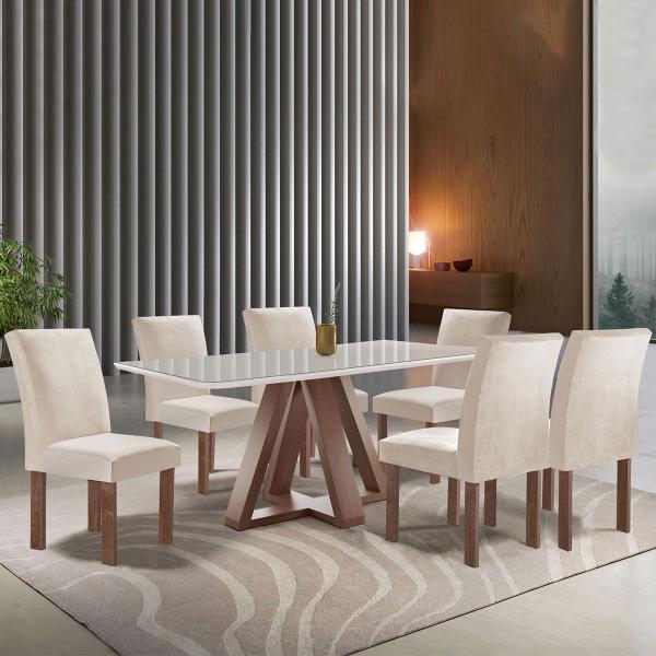 Imagem de Mesa de Jantar 6 Lugares Montreal com Vidro Chocolate/Off White/Suede Bege - Panorama Móveis