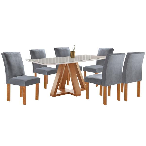 Imagem de Mesa de Jantar 6 Lugares Montreal com Vidro Cinamomo/Off White/Suede Cinza - Panorama Móveis