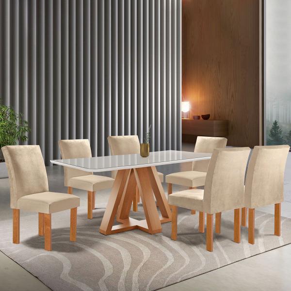 Imagem de Mesa de Jantar 6 Lugares Montreal com Vidro Cinamomo/Off White/Suede Cru - Panorama Móveis