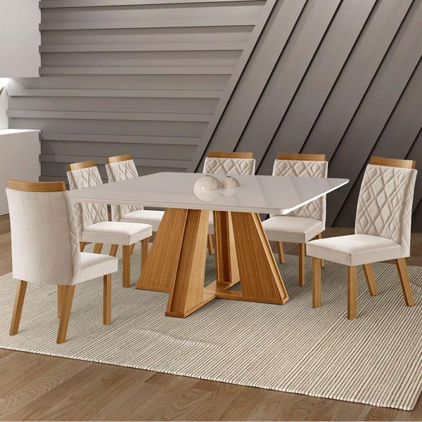 Imagem de Mesa de Jantar 6 Lugares Petra com Vidro Cinamomo/Suede Creme - Panorama Móveis