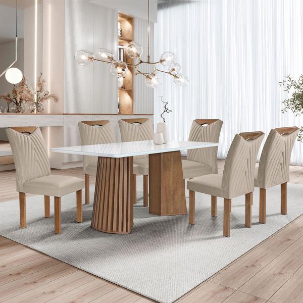 Imagem de Mesa de Jantar 6 Lugares Stella com Vidro Ripado Chocolate/Off White/Boucle Bege - Cel Móveis