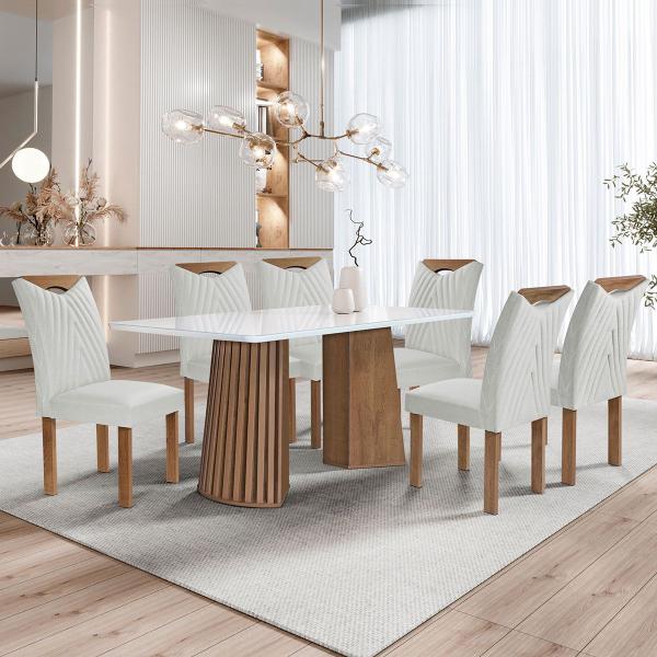 Imagem de Mesa de Jantar 6 Lugares Stella com Vidro Ripado Chocolate/Off White/Boucle Gelo - Cel Móveis