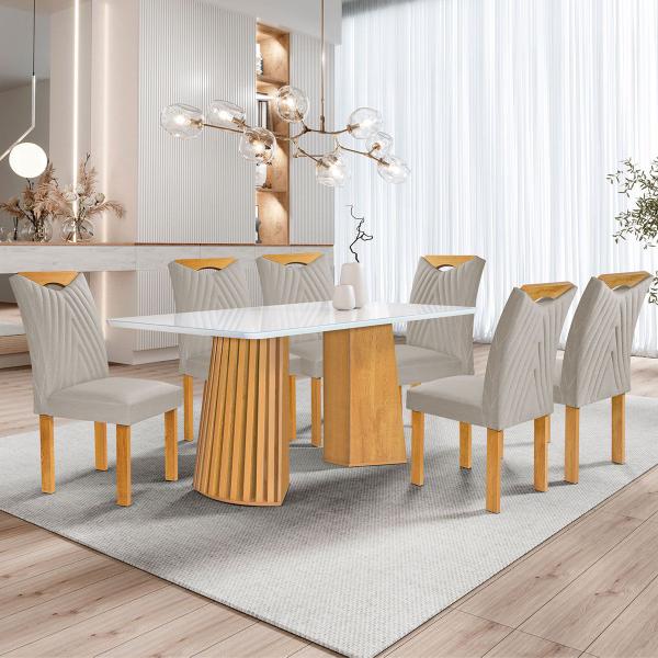 Imagem de Mesa de Jantar 6 Lugares Stella com Vidro Ripado Cinamomo/Off White/Bege Claro - Cel Móveis