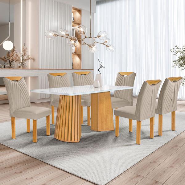 Imagem de Mesa de Jantar 6 Lugares Stella com Vidro Ripado Cinamomo/Off White/Boucle Bege - Cel Móveis