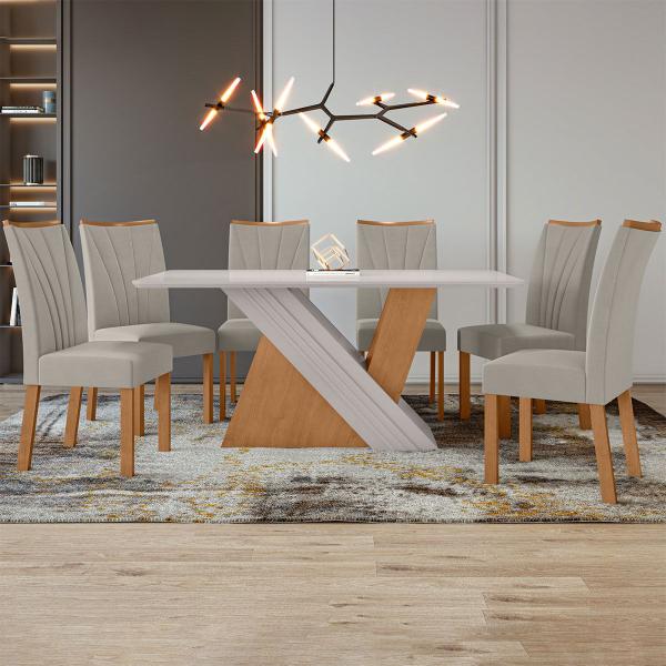 Imagem de Mesa de Jantar 6 Lugares Vênus Apogeu com Vidro Amêndoa Clean/Off White/Veludo Liso Capuccino - Móveis Lopas