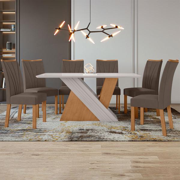 Imagem de Mesa de Jantar 6 Lugares Vênus Apogeu com Vidro Amêndoa Clean/Off White/Veludo Marrom - Móveis Lopas