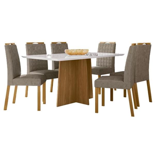 Imagem de Mesa de Jantar Ambiente Anitta 160x90 cm com Vidro Ype Off White e 6 Cadeiras Mariana Ype Camurça Marrom  New Ceval