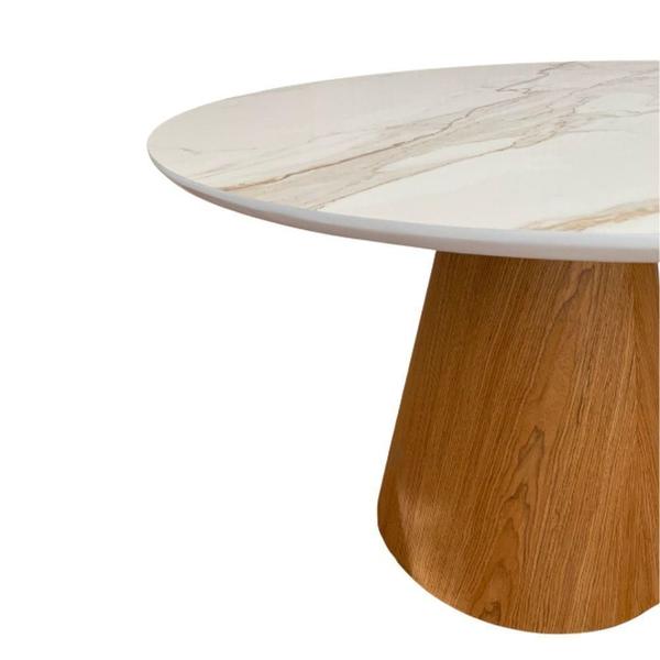 Imagem de Mesa De Jantar Cone 120 Cm Tampo Cerâmica Esmaltada Calacatta Base Freijó Marrom