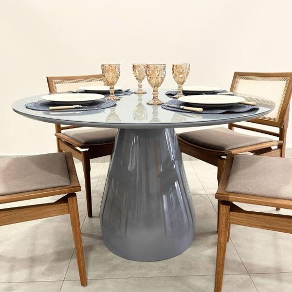 Imagem de Mesa De Jantar Cone Balonê Redonda 120 Cm Tampo Laca Cinza + Vidro Base Cinza Cor Cinza