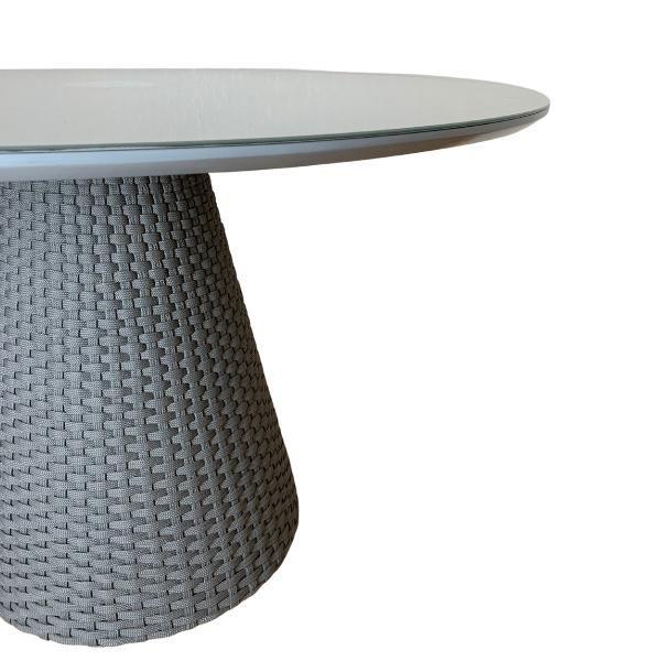 Imagem de Mesa De Jantar Cone Redonda 120cm Tampo Laqueado Cinza + Vidro Base Corda Náutica Cinza