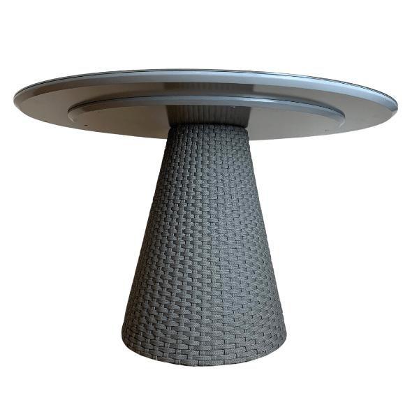 Imagem de Mesa De Jantar Cone Redonda 130 cm Tampo Laqueado Cinza + Vidro Base Corda Náutica Cinza