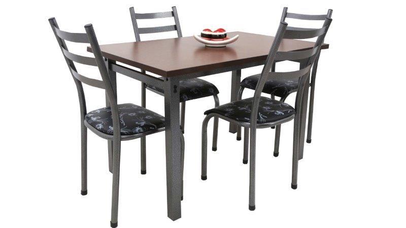 Imagem de Mesa de Jantar cozinha conjunto 1.20m x 0.75m + 4 Cadeiras Lisb. Tampo em MDF aço cor tom chumbo cinza + assentos Floral preto