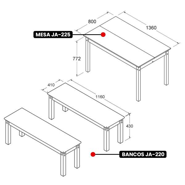 Imagem de Mesa de Jantar Ditália 2Bancos JA-220+JA-225