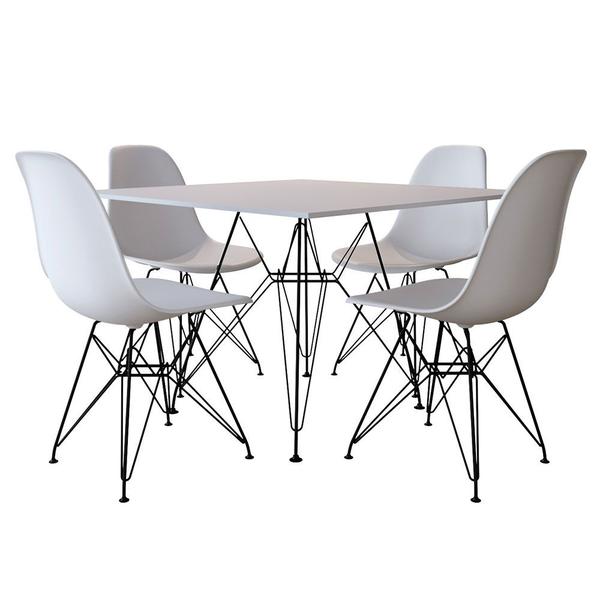 Imagem de Mesa de Jantar Eames Eiffel Quadrada Branca 90cm com 4 Cadeiras Brancas Base Ferro Preto