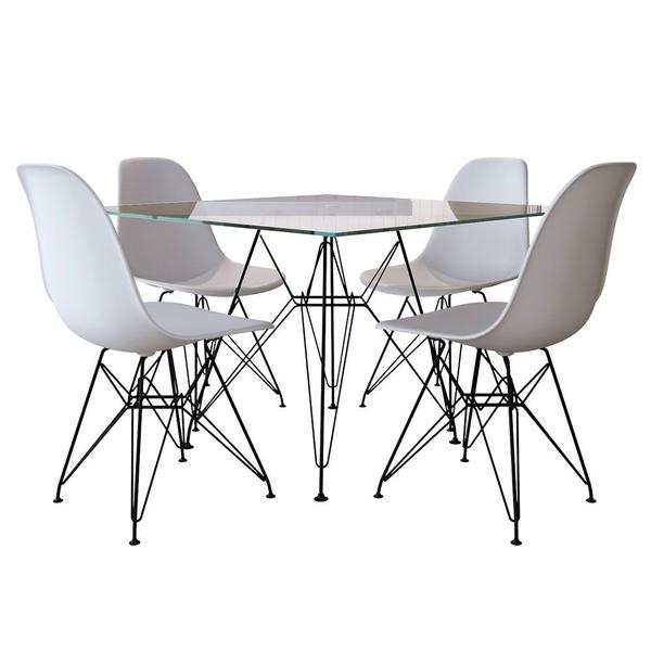 Imagem de Mesa de Jantar Eames Eiffel Quadrada Vidro 90cm com 4 Cadeiras Brancas Base Ferro Preto