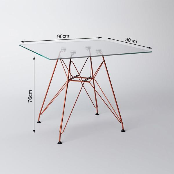 Imagem de Mesa de Jantar Eames Eiffel Quadrada Vidro 90cm com 4 Cadeiras Pretas Base Ferro Cobre