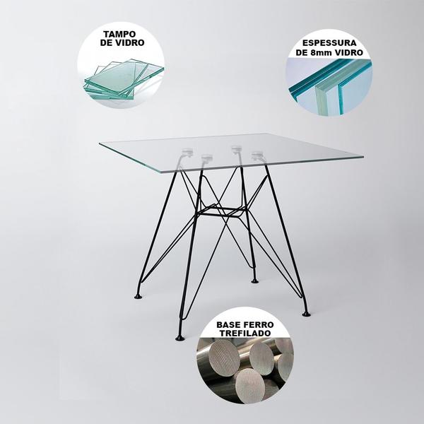 Imagem de Mesa de Jantar Eames Eiffel Quadrada Vidro 90cm com 4 Cadeiras Pretas Base Ferro Preto