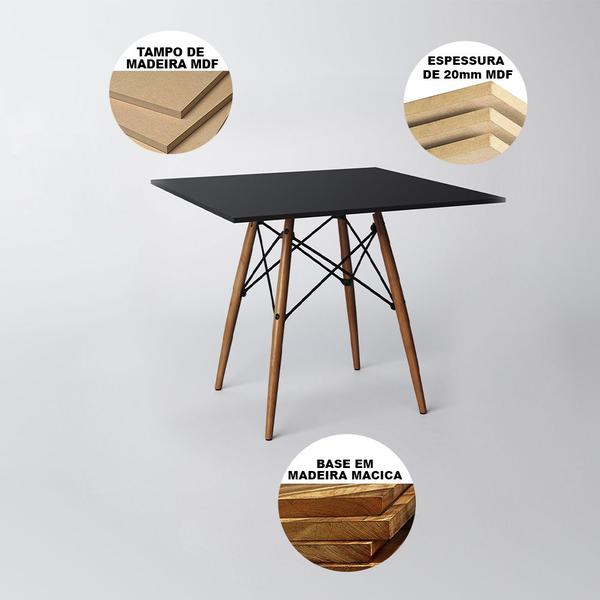 Imagem de Mesa de Jantar Eames Eiffel Wood Quadrada Preta 90cm Base Madeira Maciça com 4 Cadeiras Brancas