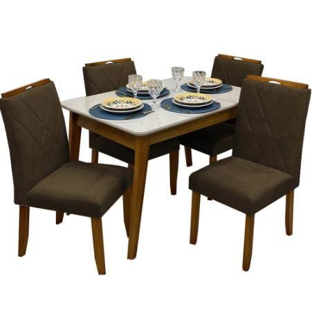 Imagem de Mesa de Jantar Elegance 12080 COM Vidro 4 Cadeiras California JCM Cinamomo Off White